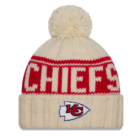 Kansas City Chiefs NFL On-Field Colaction New Era Women's 2024 Cuffed Knit Hat with Pom - Cream