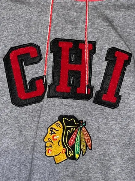 Chicago Blackhawks Mens "Chi" Fanatics Grey Chenille Patch Hood