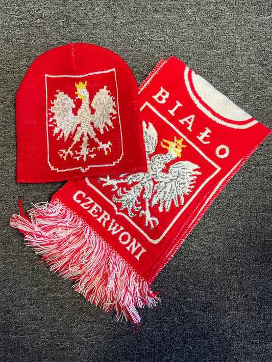 SET: Polska Winter Hat With Polish Eagle Logo & Poland Scarf - Red & White