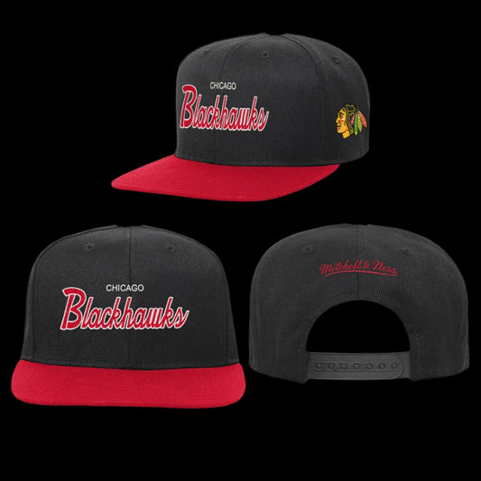 Chicago Blackhawks Black/Red Mitchell & Ness Script Youth Snapback Hat