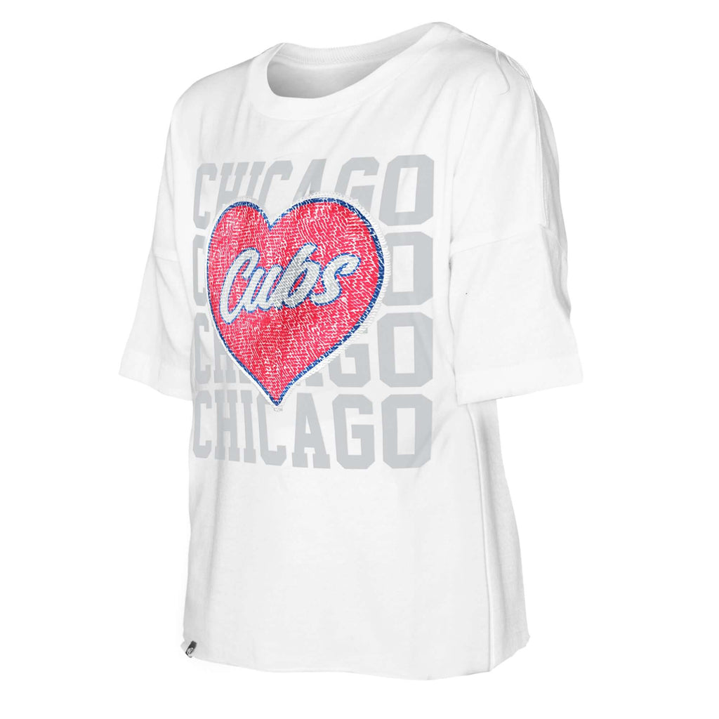 Girls Youth New Era White Chicago Cubs Flip Sequin Heart Crop Top