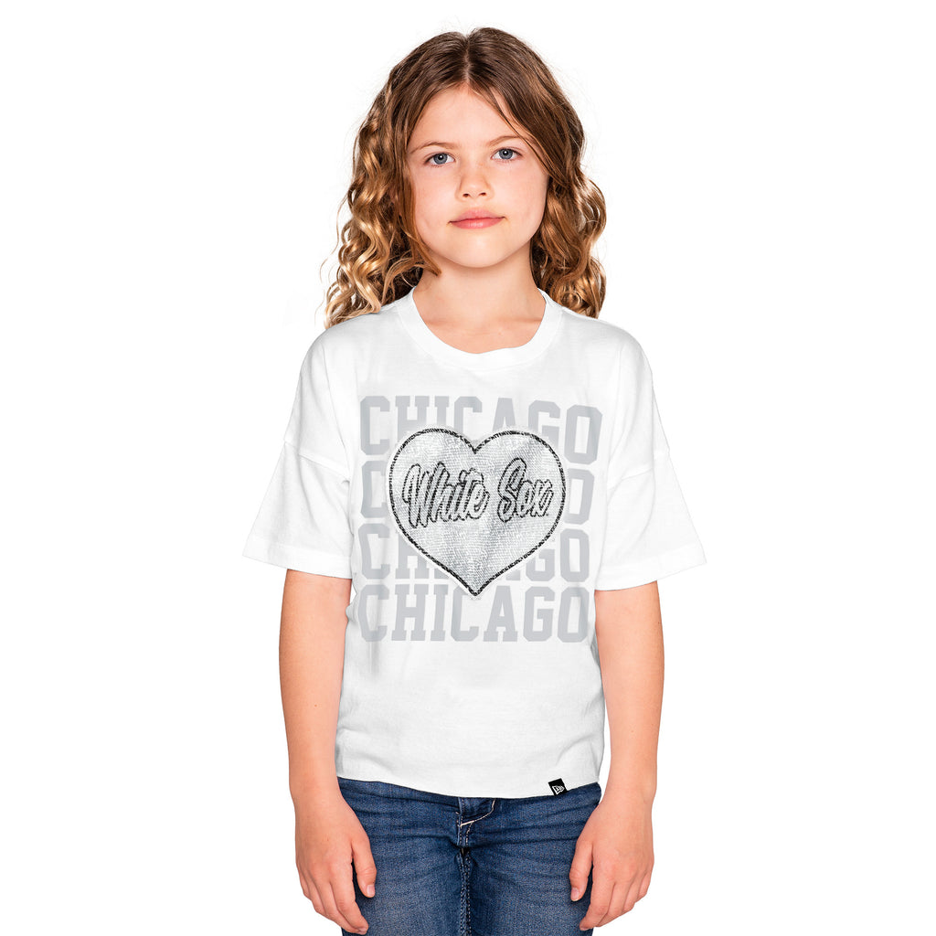 Girls Youth New Era White Boston Red Sox Flip Sequin Heart Crop Top