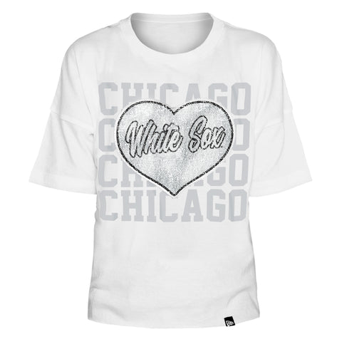 Girls Youth Chicago Cubs New Era White Flip Sequin Heart Crop Top